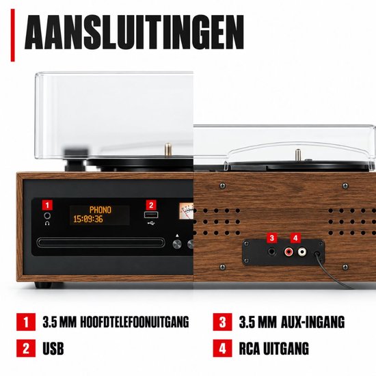 Levo® Platenspeler met CD Speler - Platenspeler Retro - CD Speler met DAB en FM - Inclusief Bluetooth - Donkerbruin - 37 x 12 x 30 cm — afbeelding 2