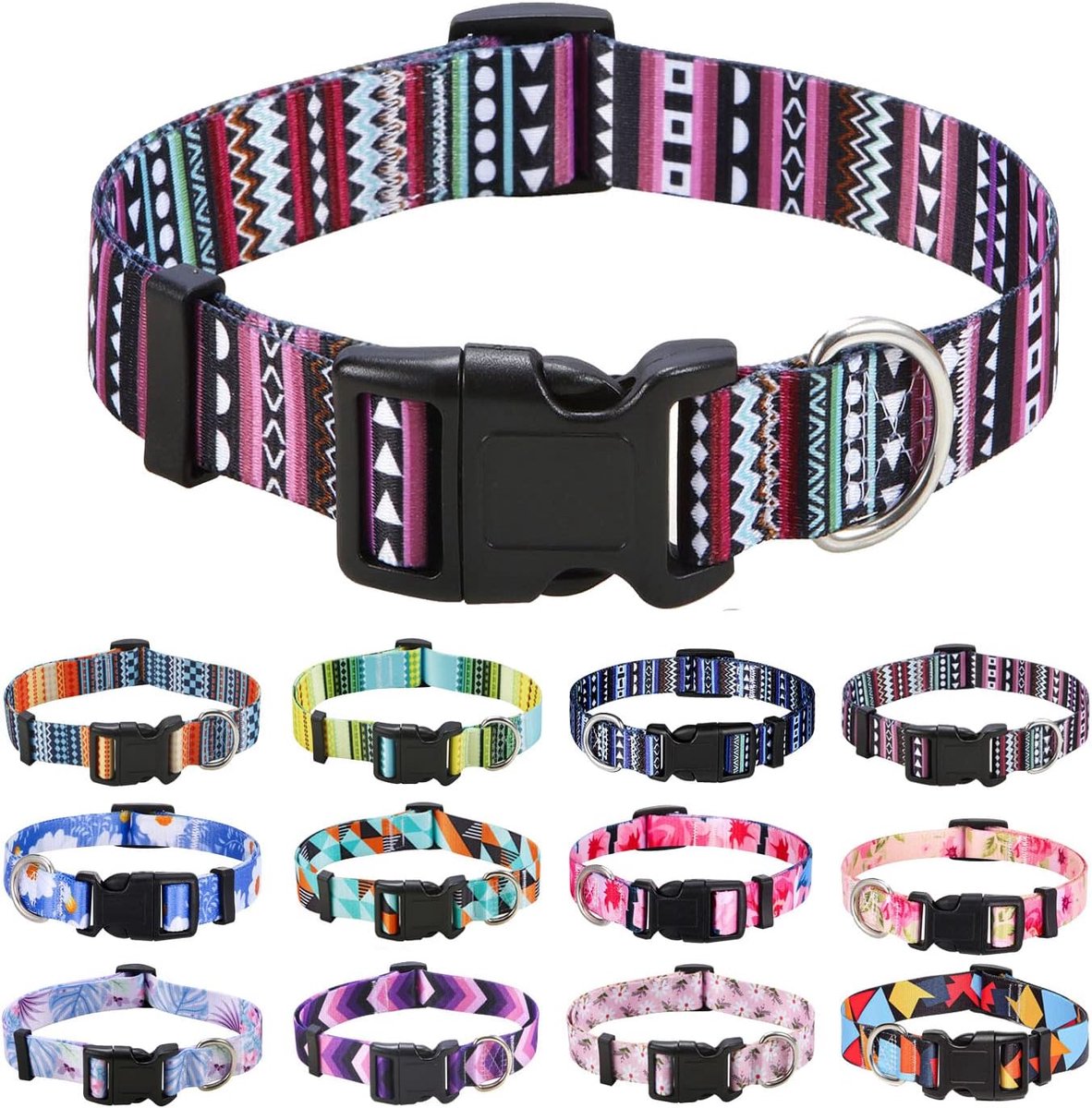 Zachte nylon hondenhalsband in etnische stijl, verstelbaar, voor kleine, middelgrote of grote honden, met Boheemse, tribal of geometrische patronen (Boheems paars, M)