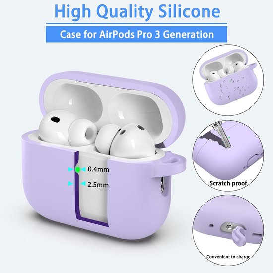 Voor AirPods Pro 3e Generatie Hoesje, Militaire Kwaliteit Anti-val Zachte Siliconen Schokabsorberend voor AirPods Pro 3 hoesje met Lanyard, Zichtbare LED aan de Voorkant, Druifpaars — afbeelding 5