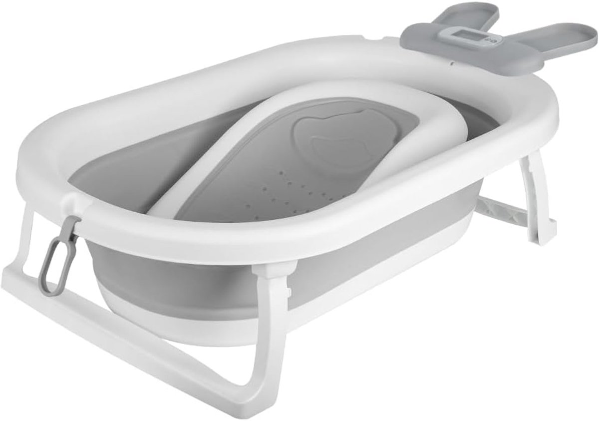 Bad met thermometer, antislip verkleiner, babybadje, draagbaar, voor baby's van 0-3 jaar, konijntje, 43 x 18 x 86 cm, grijs
