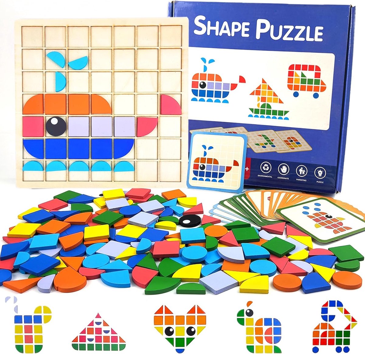 140 Delen Montessori Speelgoed Jaar, Houten Mozaïek Steekspel & Tangram Kinderen, Houten Patroon Blokken Puzzel, Geometrische Vormen Leerspeelgoed Cadeau voor Jongens & Meisjes