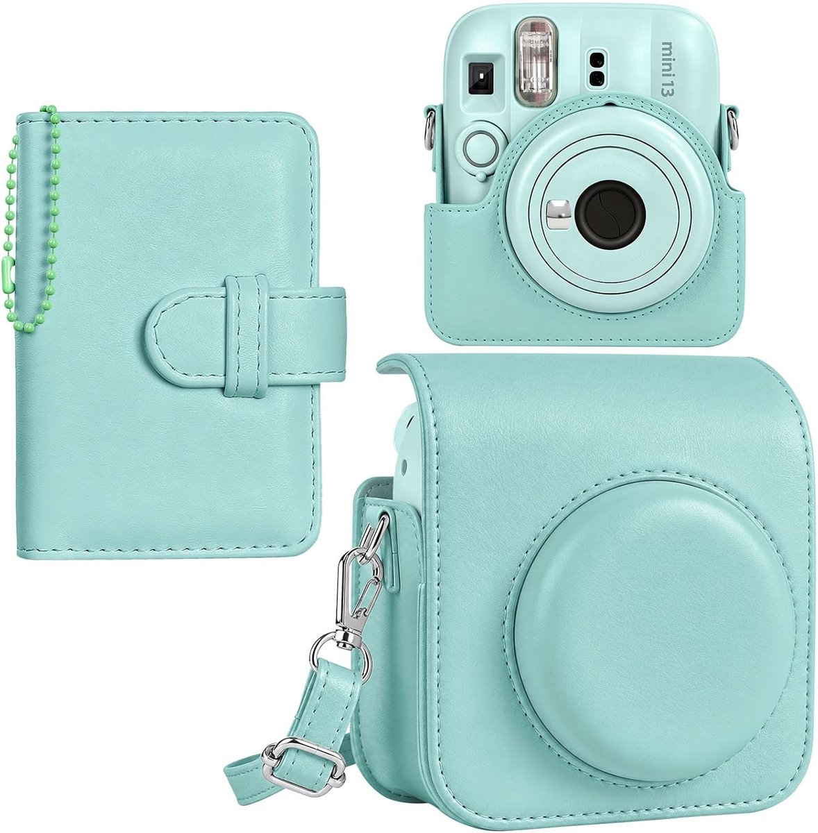 Cameratas en album voor Instax Mini 13, elegante PU-lederen beschermhoes voor Instax Mini 13 camera, fotoalbum en schouderriem, Groen, Para la cámara instantánea Instax Mini 13, Beschermhoes