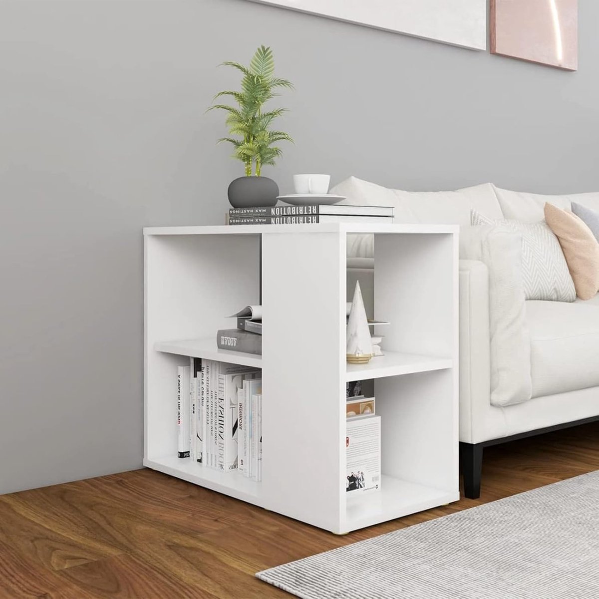 Salontafel met vakken, zijbedtafel, kleine woonkamertafel, moderne salontafel, nachtkastje, kinderkamer, wit, 60 x 30 x 50 cm, van meerlaags hout