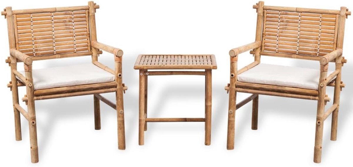 Vijfdelige tuinmeubelset van bamboe, tuinset incl. 1 tafel, 2 stoelen en 2 zitkussens
