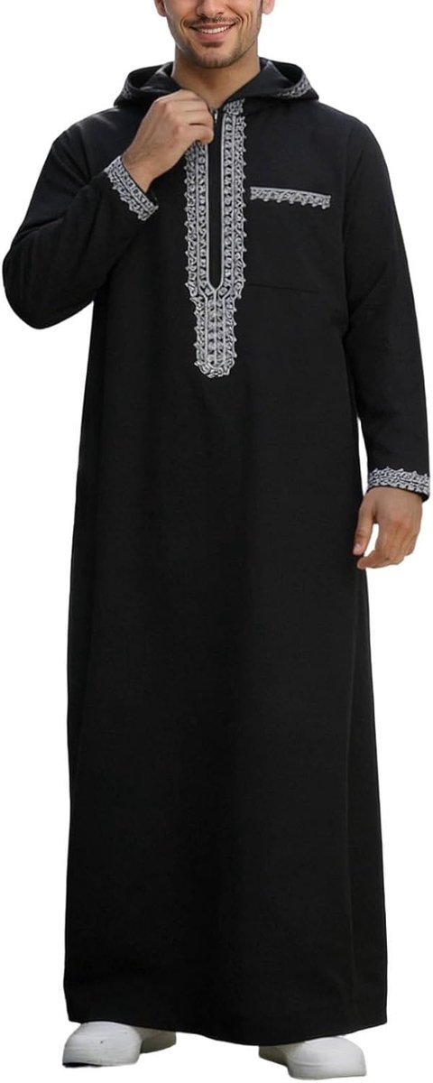 Thobe Kaftan voor heren, moslim, islamitisch gewaad met lange mouwen, Arabisch, Djellaba, Marokkaanse stijl, met capuchon, A9