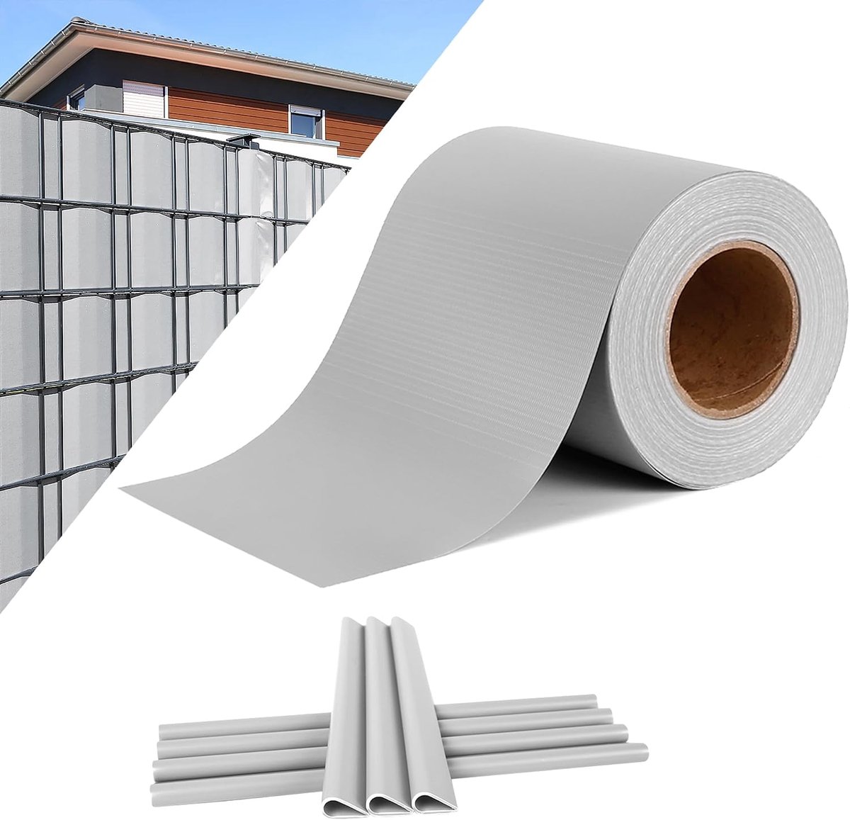 PVC Inkijkwerende stroken voor dubbelstaafmatten omheining Staafmattenhek Inkijkbescherming hek folie 35m x 19cm incl. bevestigingsclips 450g / m² windscherm tuin tuinhek grijs