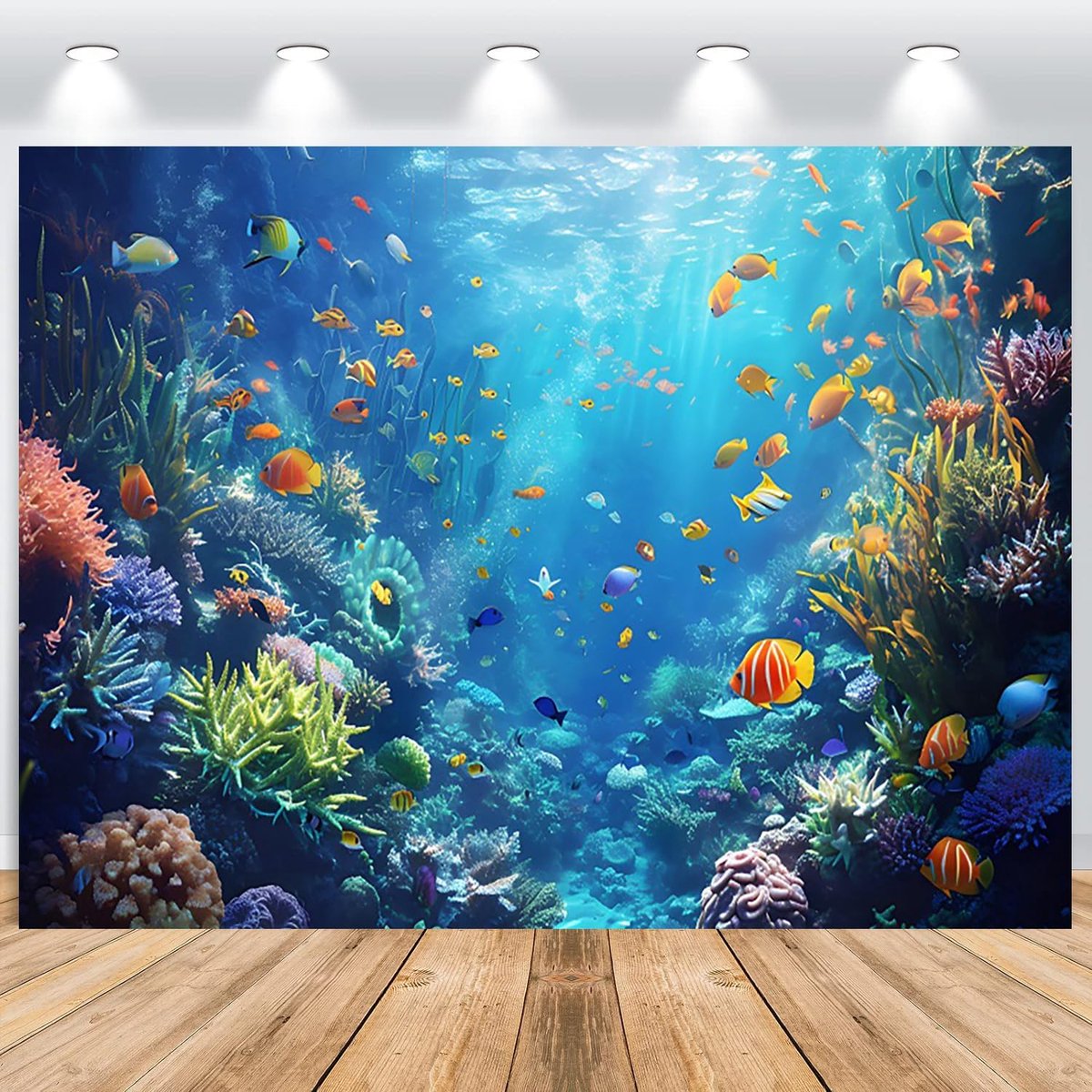 Onder de zee achtergrond 2,2 x 1,5 m, onderwater blauw oceaanwereld bont vis koraal fotografie achtergrond kinderen verjaardag baby douche party banner taart tafeldecoratie fotocabine