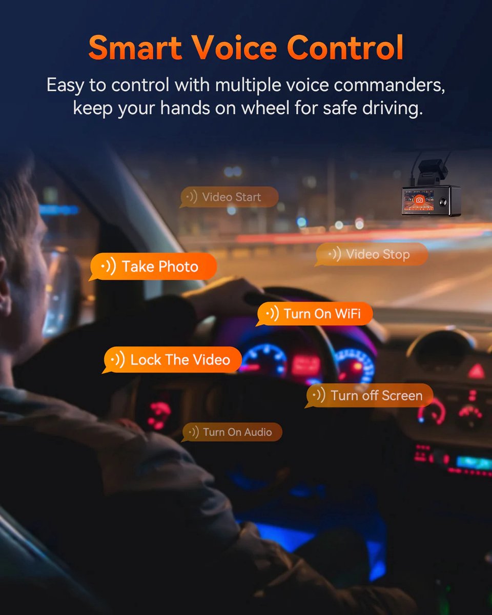 VANTRUE E3 3-kanaals 2.7K WiFi-dashcam – met GPS, spraakbesturing, STARVIS-sensor, infrarood nachtzicht, 24-uurs gebufferde parkeermodus, 3-weg opname (1944P + 1080P + 1080P) voor en achter, ondersteunt max. 512GB thumbnail 6
