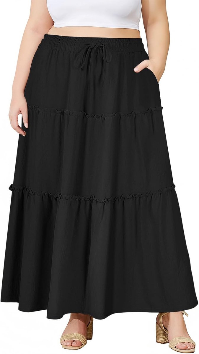 Wood Maxi Rok Dames Lang Stretch Hoge Taille Lange Basic Zomerrok Skirts met Zakken Grote Maten