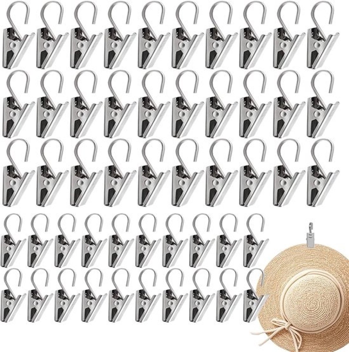 Gordijnhaken met clips - Luifel hangers - Decoratie ophangen - Roestvrij staal - 50 stuks - Zilverkleurig