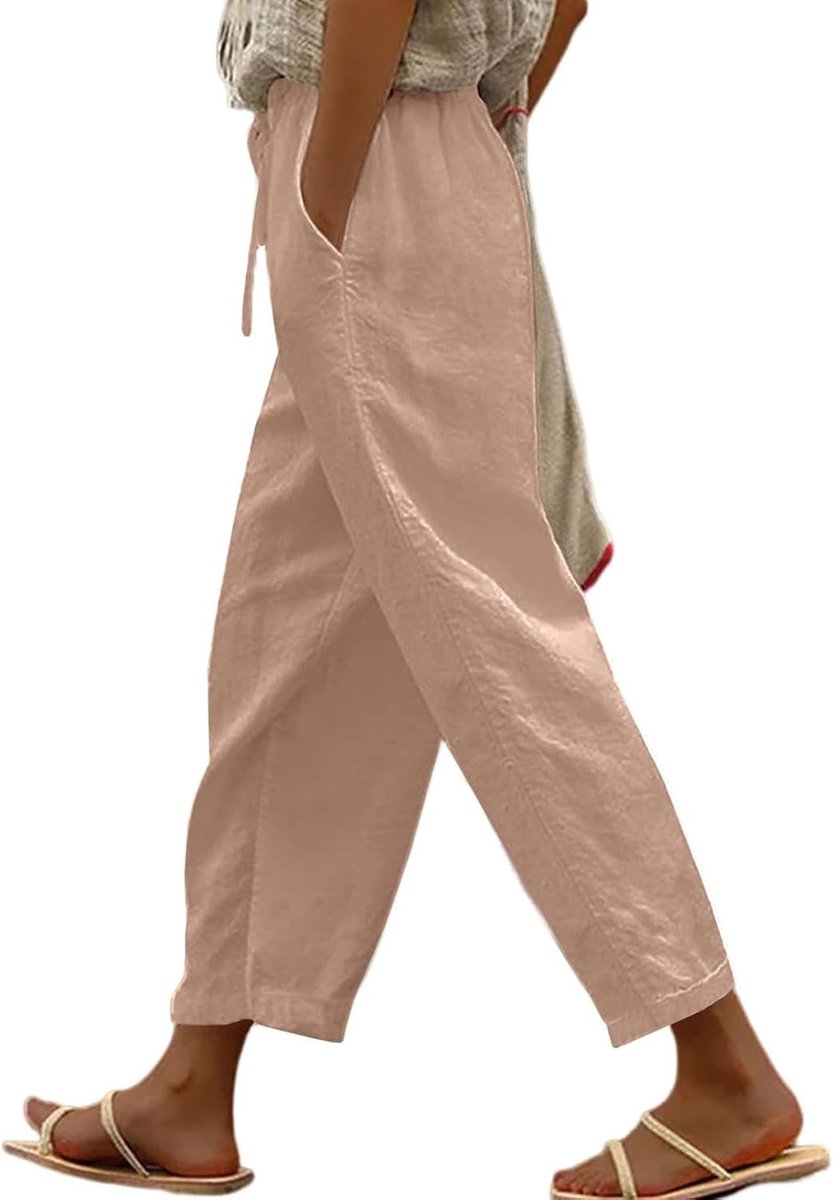 Linnen broek voor dames, elegant, licht, comfortabel, harembroek met trekkoord, lange broek, 7/8 voor yoga, strand, joggen