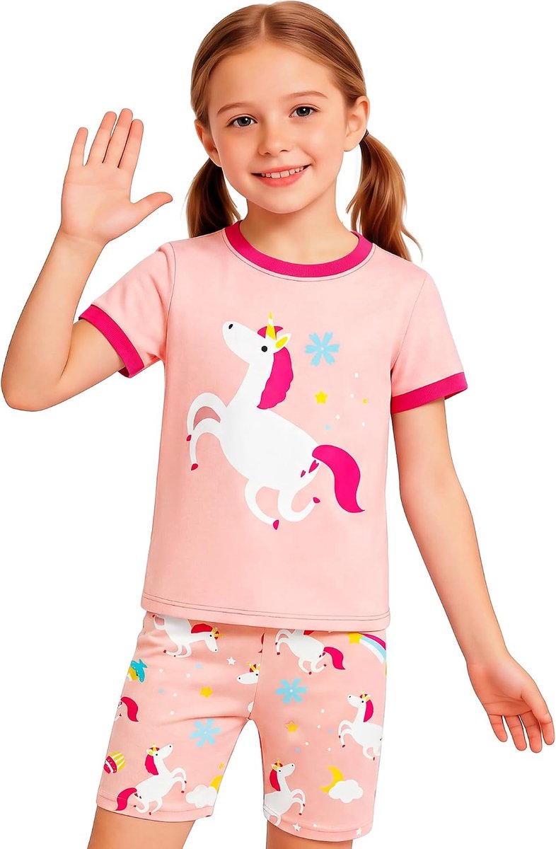 mouwen pyjama voor meisjes jongens - Zacht katoen Eenhoorn Voetbal Pyjama Set - Ademend T-shirt en korte broek Tweedelig Nachtkleding Kinderen Loungewear Alledaags voor Leeftijd 2-8