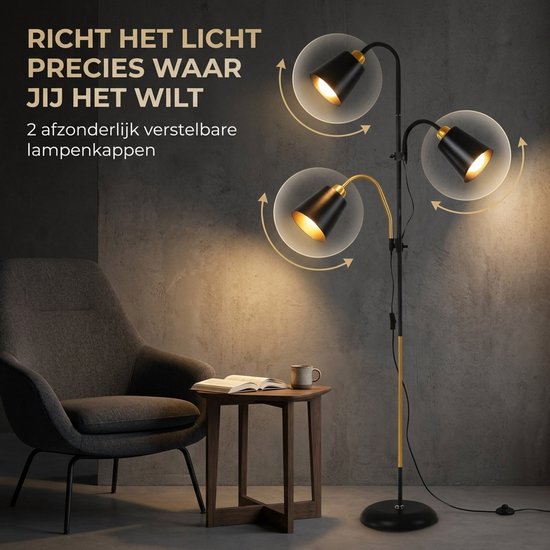 Zwarte staande lamp met twee verstelbare lampenkappen, gouden details. Pijlen geven de verstelbaarheid aan.