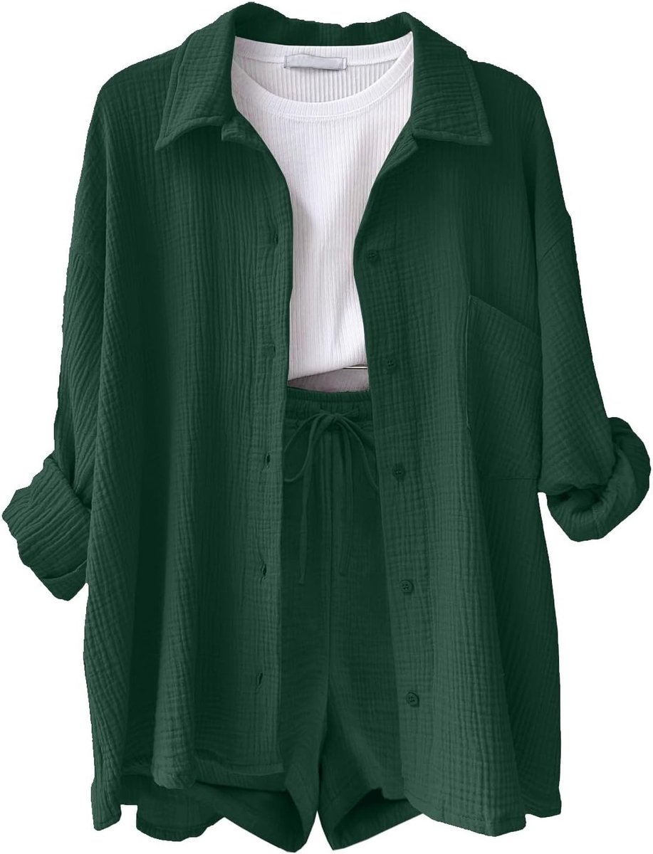 Tweedelig dames zomer mousseline blouse shorts 2-delig linnen hemd broekpak elegante lounge set licht loungewear pak tweedelig vrijetijdspak esthetische kleding strand outfit dameskleding