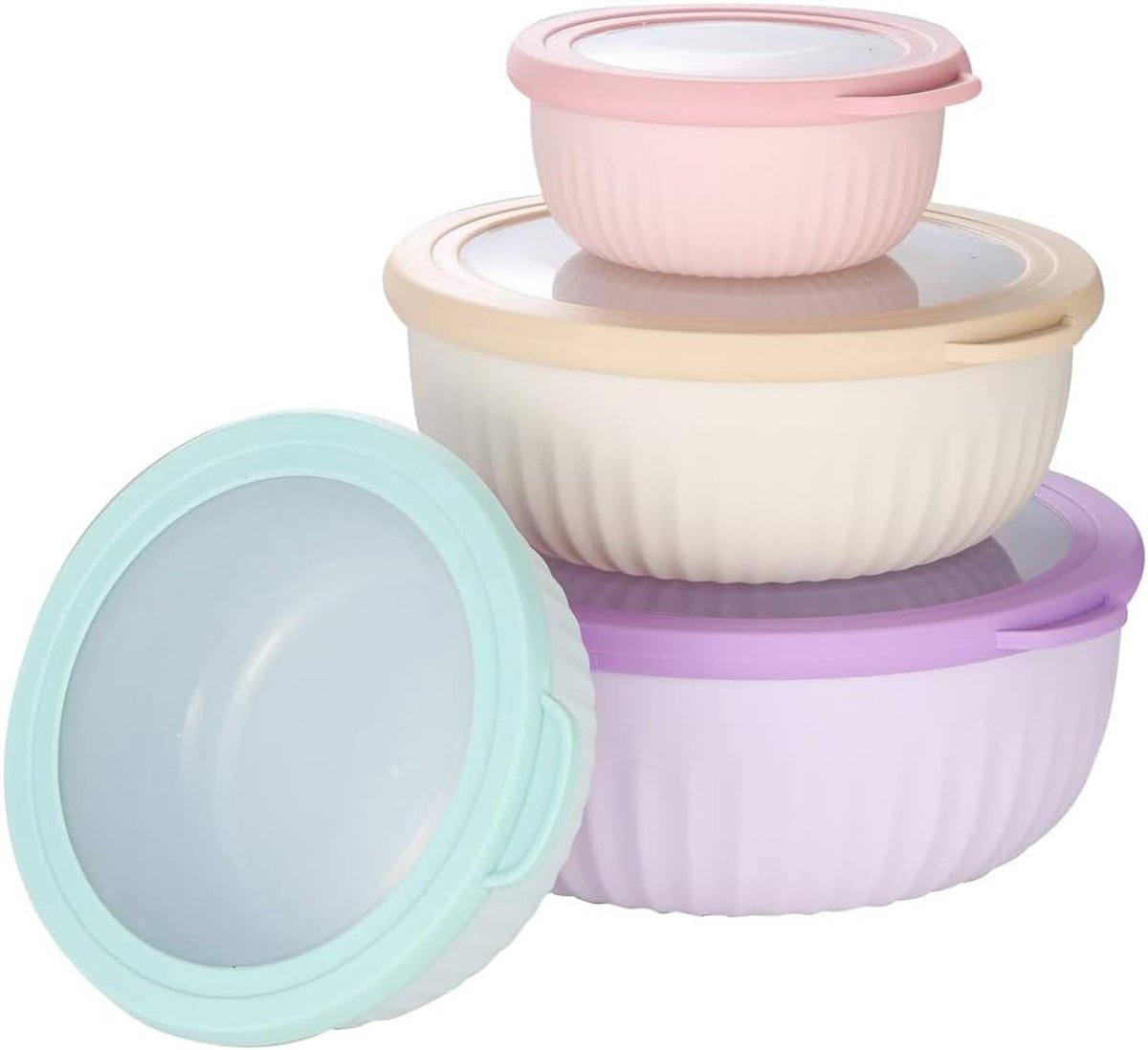 Set van 4 voedselopslagcontainers met deksels, plastic kookopslag, mengkomset, nesting, luchtdichte maaltijdbereiding, voedselcontainer, ronde set voor koelkast en vriezer, magnetron