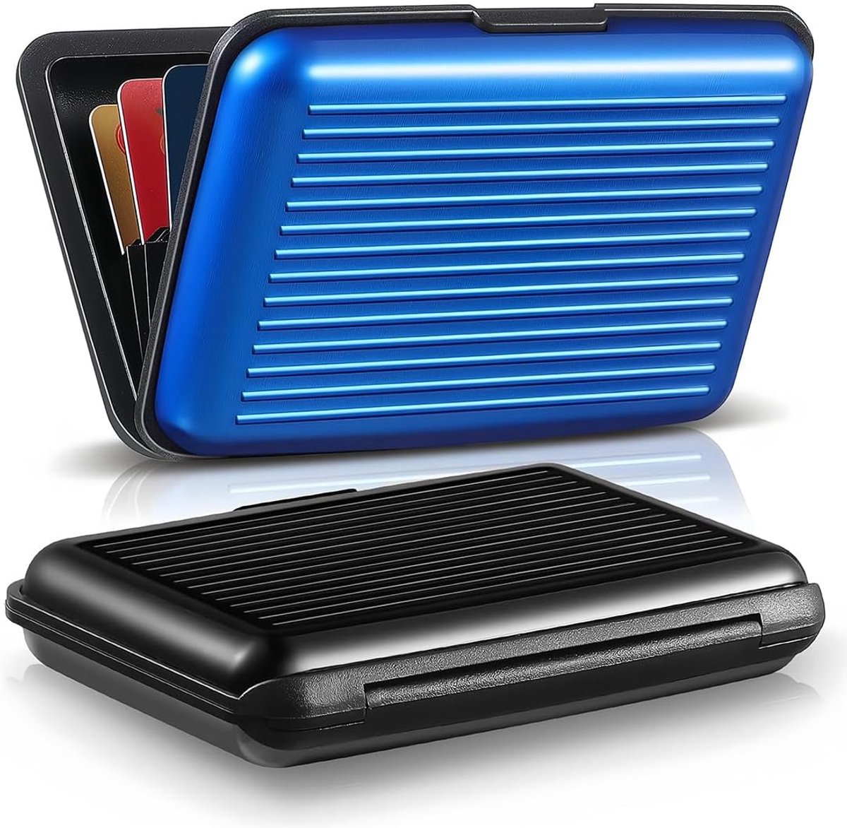 2 stuks creditcardhouder van aluminium, creditcardhouder, waterdichte visitekaarthouder, mini RFID-blokkerende metalen ID-organizer, portemonnee voor dames en heren, zwart blauw