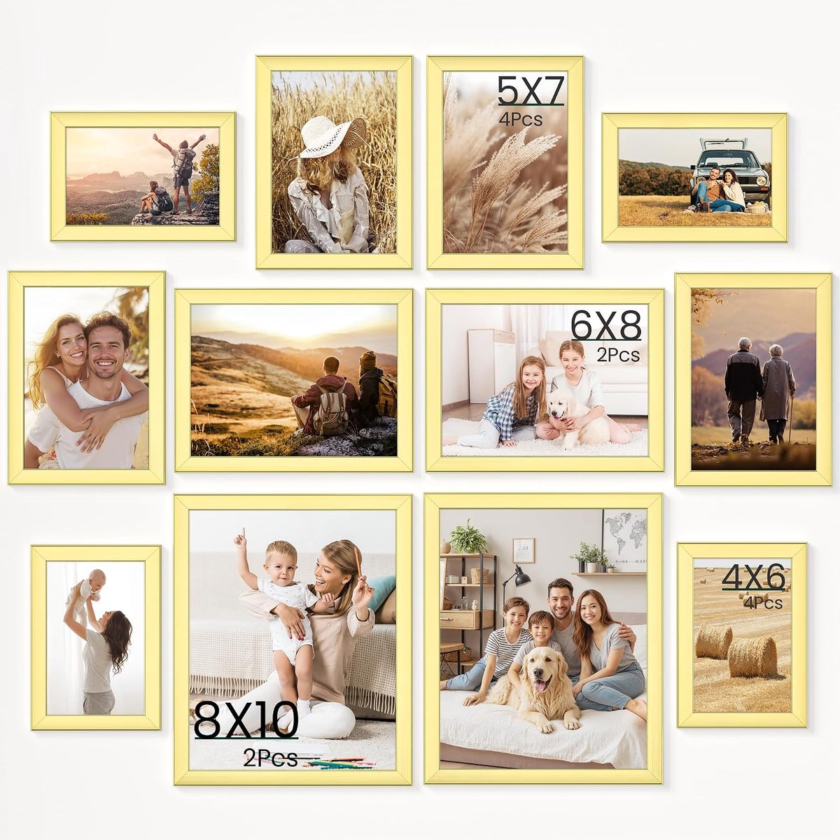 Lijsten goud, WPC houtlook, collage fotolijst voor muur en tafel, 10 x 15, 13 x 18, 15 x 20, 20 x 25 cm, onbreekbaar acrylglas, veilig voor kinderen en huisdieren