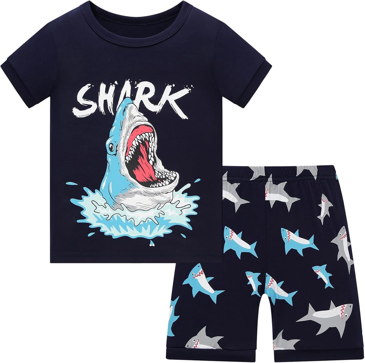 kort, dinosaurus, haai, astronaut, pyjamaset, katoen, zomer, tweedelige nachtkleding voor kinderen van 1-12 jaar, maat 92-152
