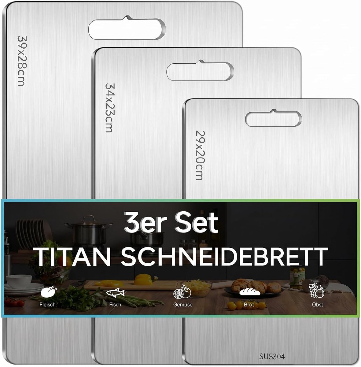 3 stuks titanium snijplankenset, roestvrijstalen snijplanken, BPA-vrij, roestvrij, voedselveilig, dubbelzijdige titanium snijplank voor vlees brood groenten en fruit, vaatwasmachinebestendig