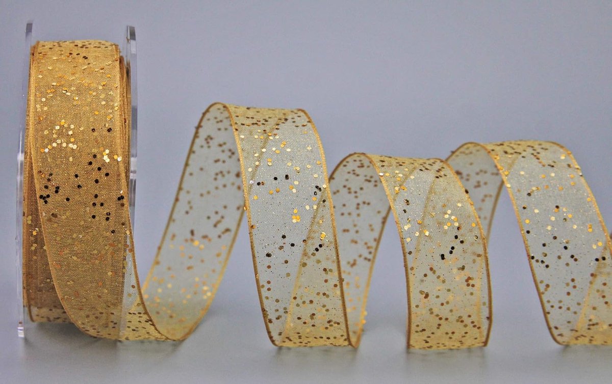 (€ 1,00/m) glitter goud, 20 m x 25 mm (rol), stoffen lint, transparant, glanzend organza met draadranden, elegant, Kerstmis, advent, verjaardag, premium glitter lint
