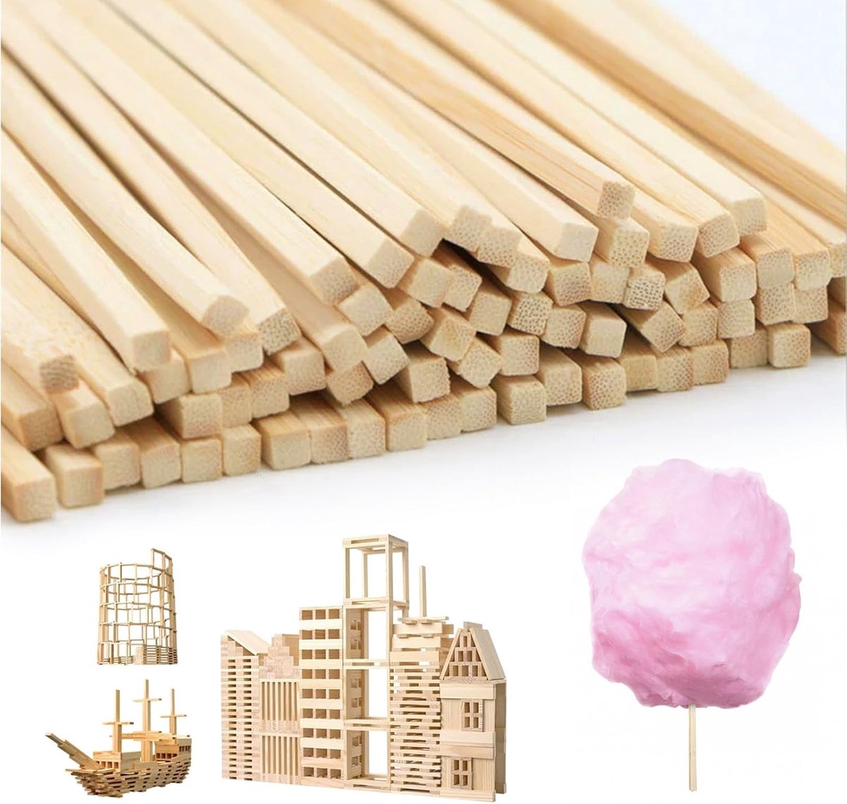 Houten stokjes Vierkant, katoensuiker staven Vierkant, katoensuikerstaven Hoekig 30 cm x 4 x 4 mm, houten stokjes om te knutselen voor houtbewerking, kunstprojecten & DIY