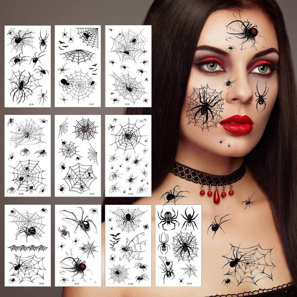 tatoeages, spinnen tattoo, 10 vellen gezicht, spinnentatoos, spinnen, tijdelijke tatoeages voor carnaval, Halloween, maskerade, punk, party, make-up, griezelfeest (B)