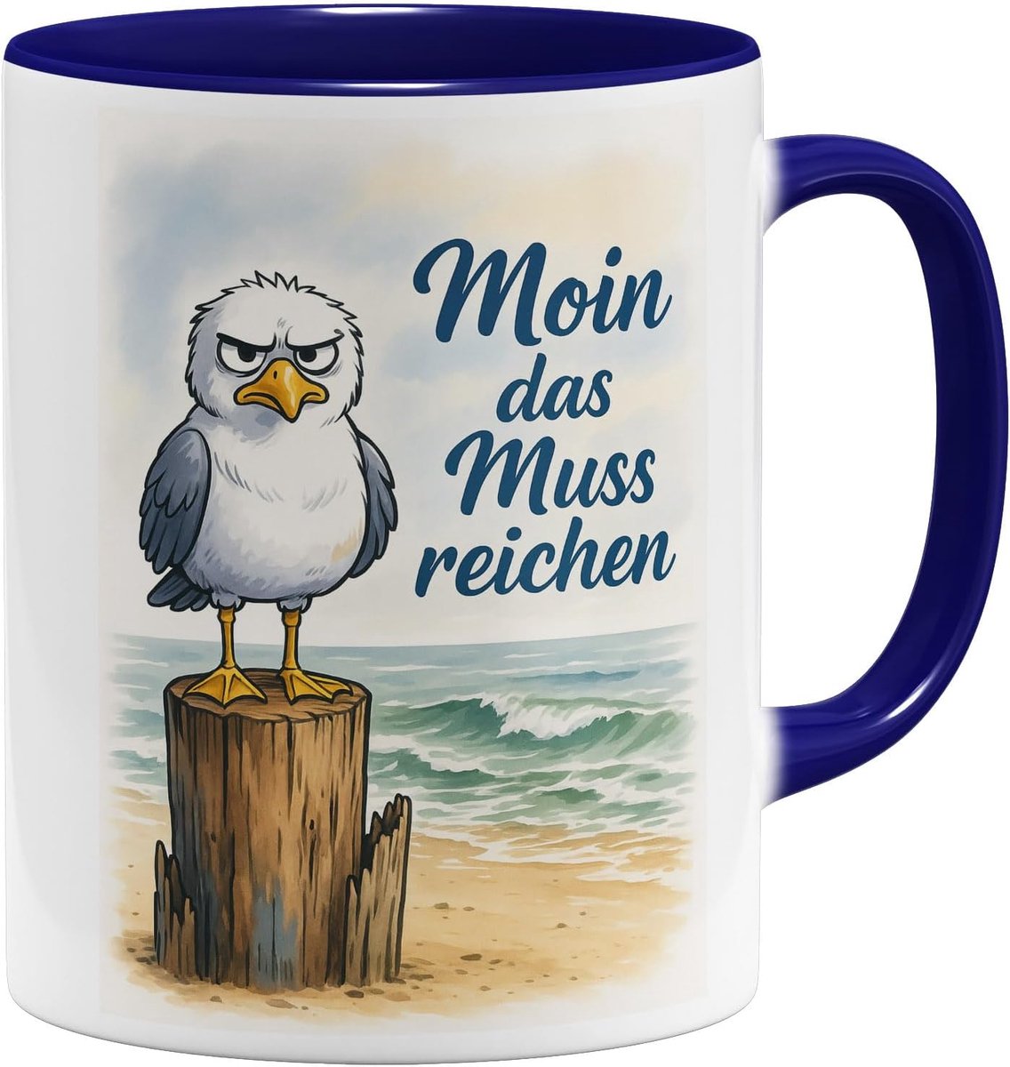 Grappige Möwe Aquarel Koffiemok met spreuk - Moin das muss reich- Maritieme Kust Noord-Duitsland - Keramische mok - 325ml - Dubbelzijdig Bedrukt - Donkerblauw