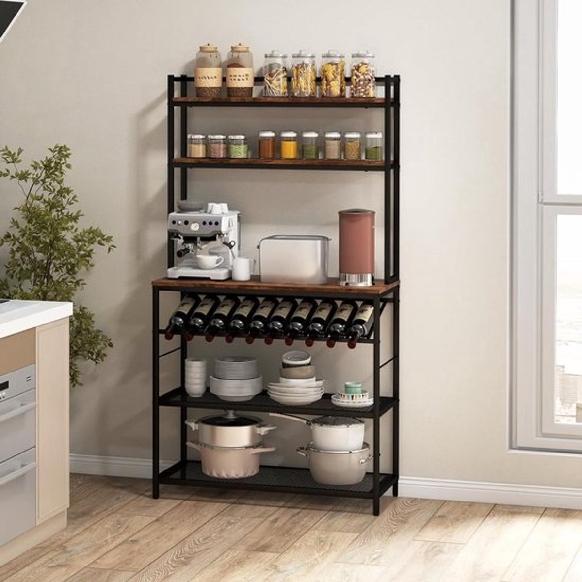 Opbergrek 6 niveaus - Keukenrek - Keuken organiseren - Met wijnrek - 90 x 35 x 165 cm - Rustiek bruin