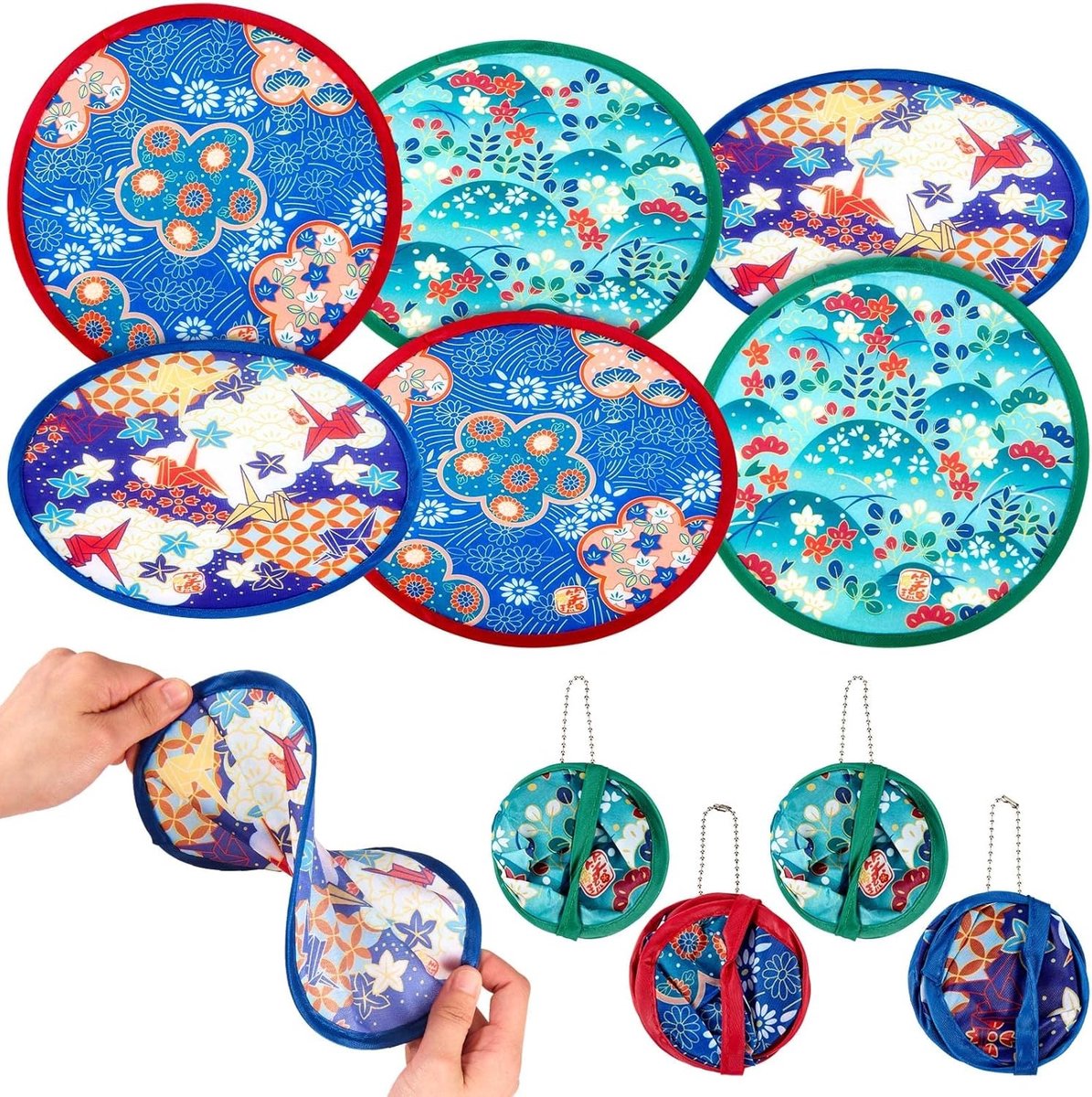 Set van 6 Japanse opvouwbare handfans met ronde vorm en kleurrijke bloemenprint voor warme dagen