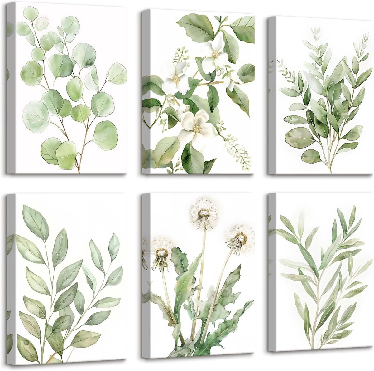 6 Stuks Canvas Print Met Frame Lichtgroen Eucalyptus Blad Schilderij Bloemen Minimalistische Canvas Foto's Muurposter Plant Plantkunde Moderne Foto's Woonkamer Slaapkamer 20 x 30 cm x6