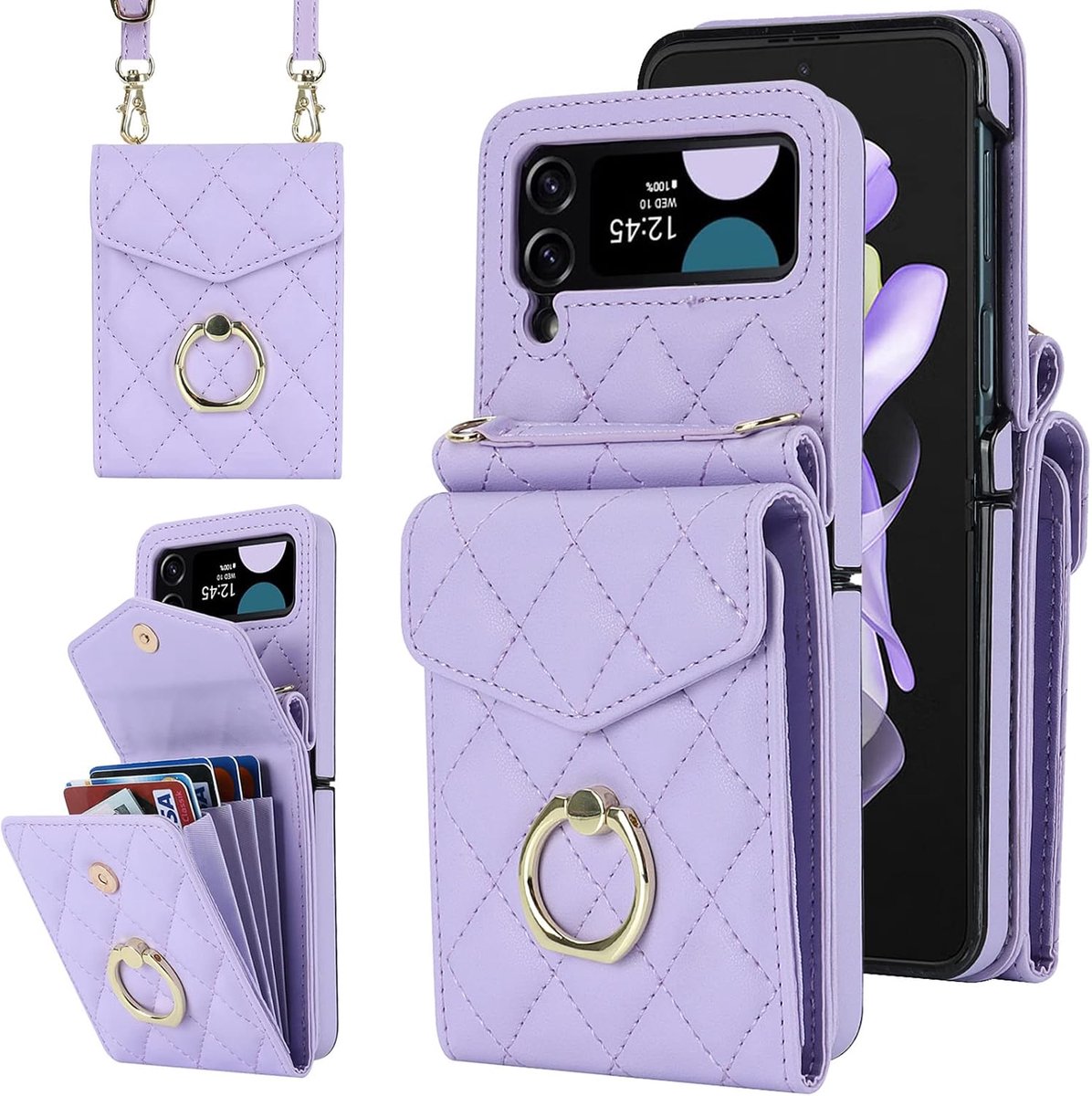 Telefoonhoes met koord voor Samsung Galaxy Z Flip 4 5G, portemonnee, hoes van PU-leer, met kaartenvak en 360 graden ringstandaard, klaphoes, magneetsluiting, paars