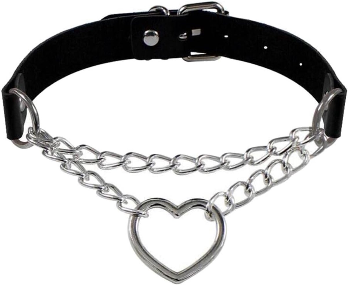 Punk en Gothic Hondenhalsband van Leer met Ketting en Hart Hanger - Elegante Zwarte Halsband voor Honden, Duurzaam en Stijlvol