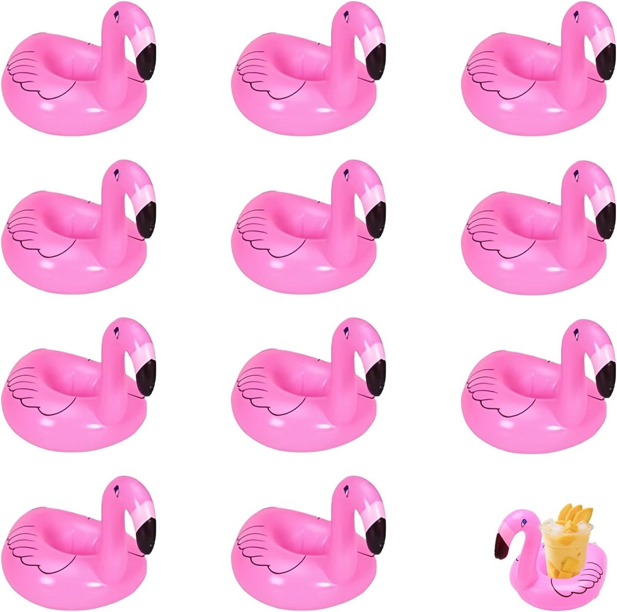 11 opblaasbare flamingo-bekerhouders voor in het zwembad, gemaakt van PVC, geschikt voor blikjes en bekers. Drijvende bekerhouders voor zwembaden, bruiloften en zomerfeesten.