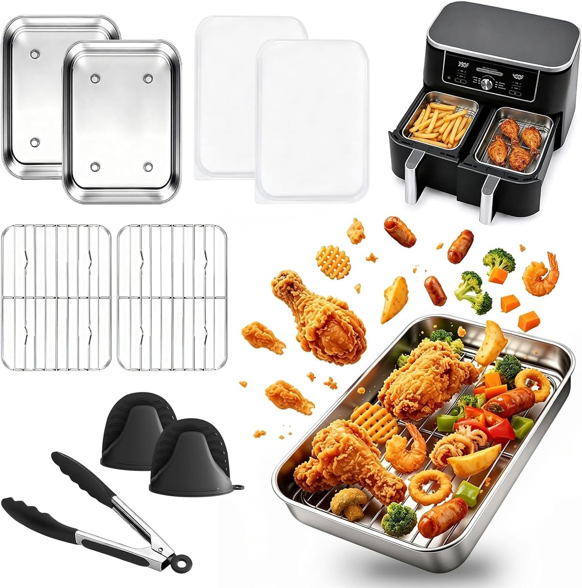 9-delige airfryer-accessoireset, ovenschaal, heteluchtfriteuse van roestvrij staal 304, met grillrooster, deksel, handschoenen, tang, voor Ninja Airfryer Dual Zone & FlexDrawer AF400EU/AF451EU