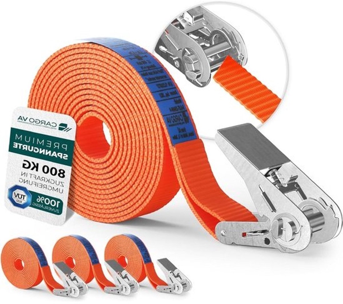 Spanband met ratel set van 4 - 25 mm x 4 m lang - breukvastheid 800 kg - ratelgordel oranje Spanbanden met ratel