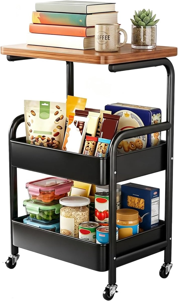 3-laagse Rollende Kar, Boekenwagen, Serveer Trolley, Keuken Trolley, Multifunctionele Opbergwagen voor Huiskamer, Badkamer, Kantoor en Studie