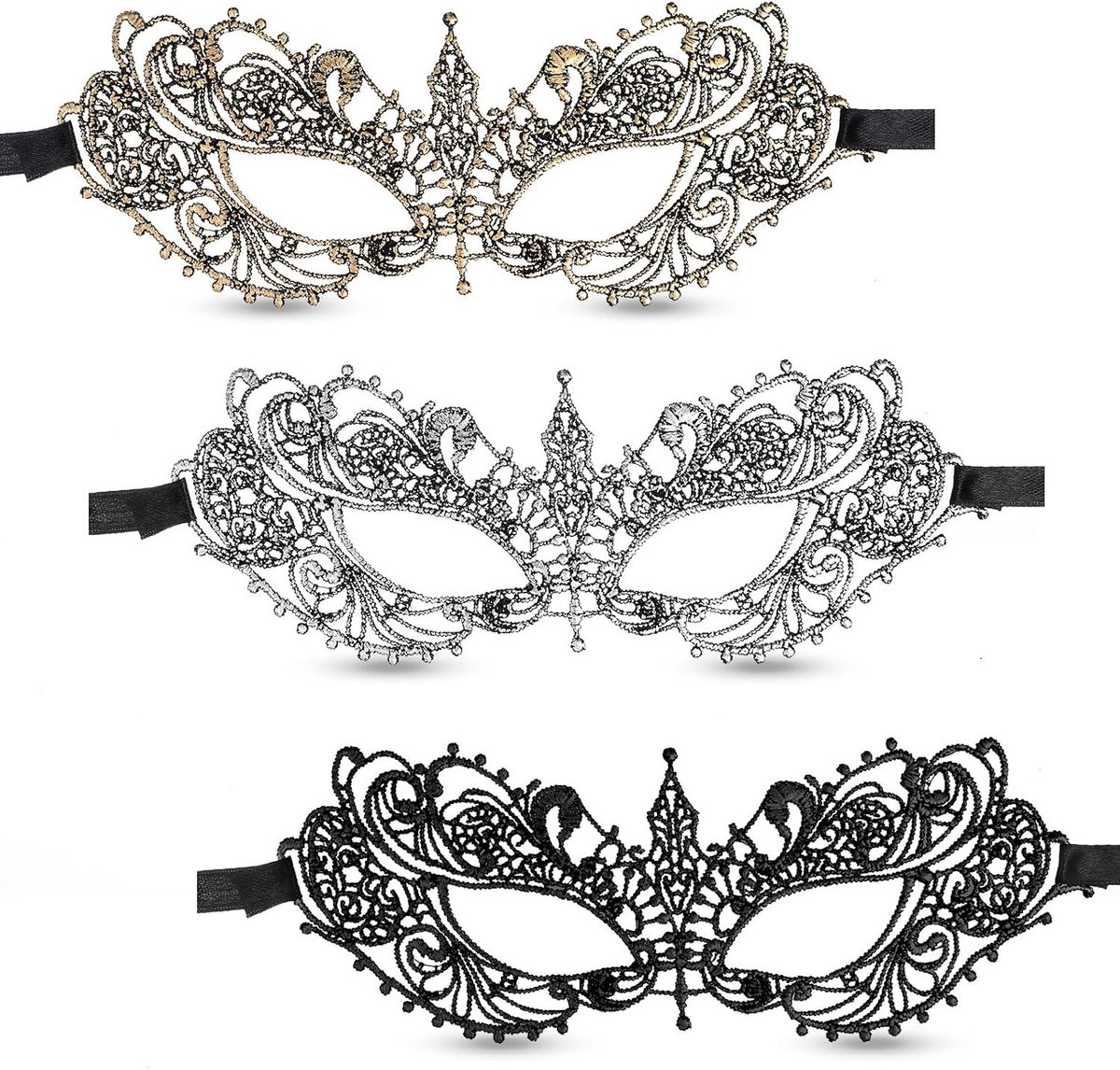 Set van 3 Dames Venetiaanse Maskers van Kant voor Halloween, Carnaval en Maskerbal - Comfortabel en Stijlvol voor Feestjes