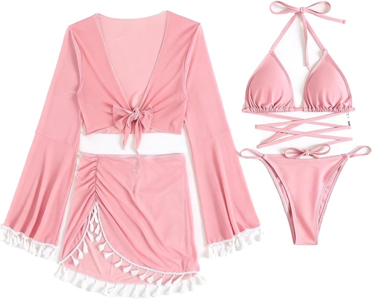 Leroy 4-Delige Effen Damesbikiniset met Pompons, Tropisch Badpak