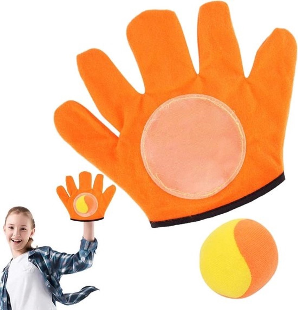 Vangspel Set - Kleefbal Handschoenen - Buiten Spelen - Huidvriendelijk Materiaal - 16.2 cm Diameter - Oranje