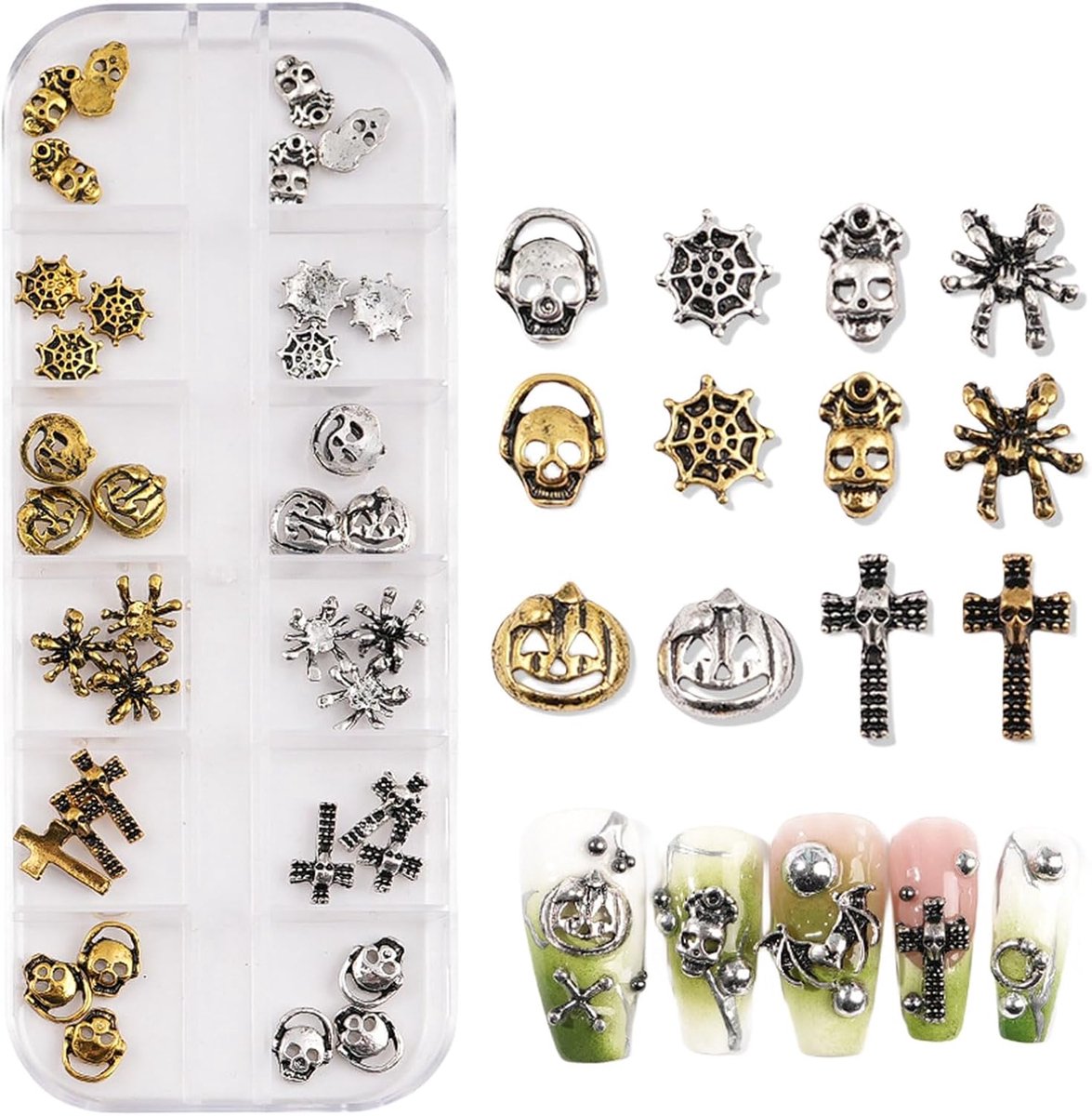 nagelkunst bedels, 12 rasters, metalen Halloween nagelbedels, 3D-kruis, doodshoofd, nagelsieraden, retro legering, nail-art, decoraties voor doe-het-zelf Halloween feestbenodigdheden (C)