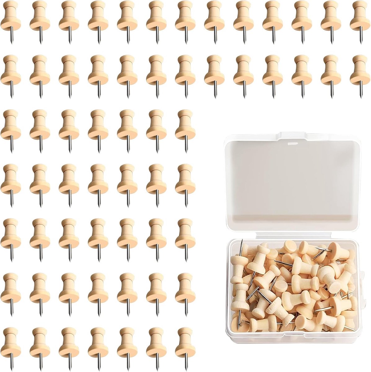 Wowot Houten spelden, 50 stuks, prikbordnaalden, punaises, stalen spijkers, voor kurkplaat, kaarten, foto's, landkaarten, handwerk