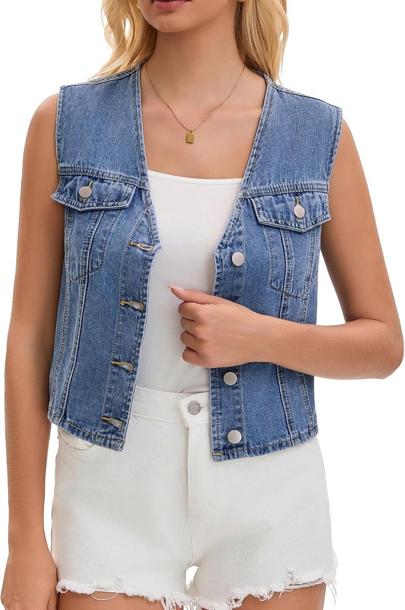 Jeansvest voor dames, V-hals, westernstijl, mouwloos, knopen, denim vest