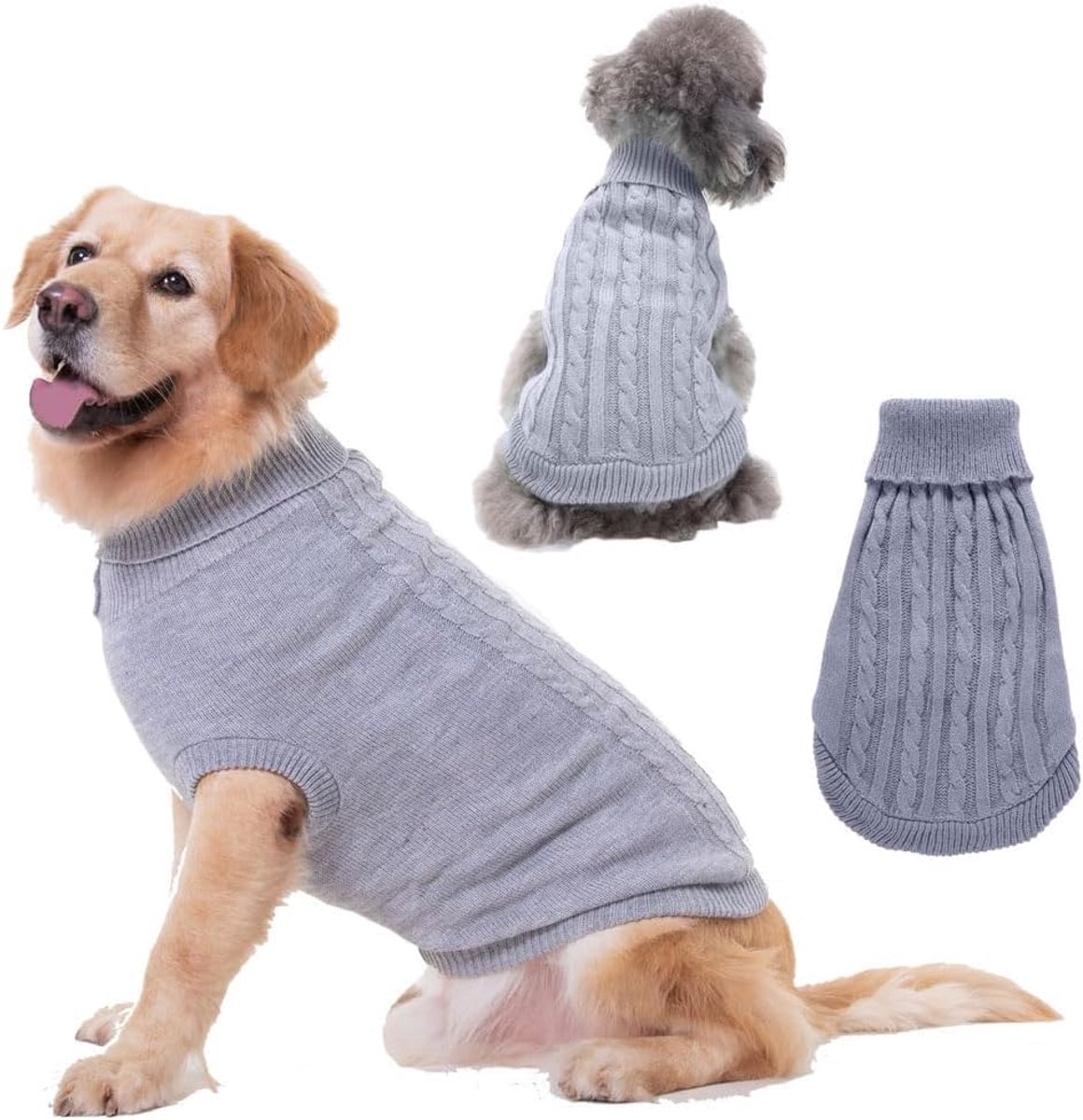 Middelgrote en grote hondentrui, gebreide wintertrui met rolkraag, warm en comfortabel sweatshirt voor honden, bulldog, greyhound en andere honden (grijs/XL)