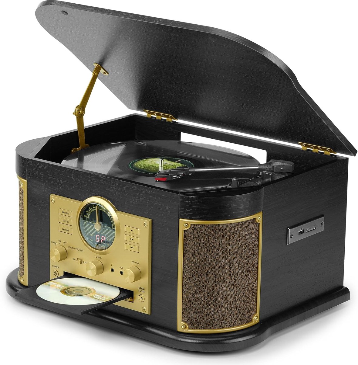 Platenspeler 10-in-1 met Bluetooth, CD, FM-radio, USB/SD voor het opnemen van platen, geïntegreerde luidsprekers, AUX-ingang en cinch-uitgang