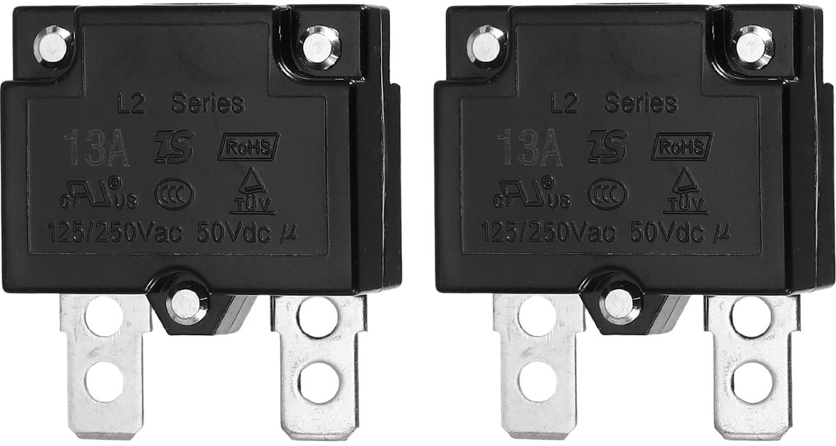 Thermoschakelaars met drukknop, 2 stuks, 13 ampère, 125/250 V AC 50 V DC met automatisch herstel, thermische overbelastingsbeveiliging voor industriële auto's