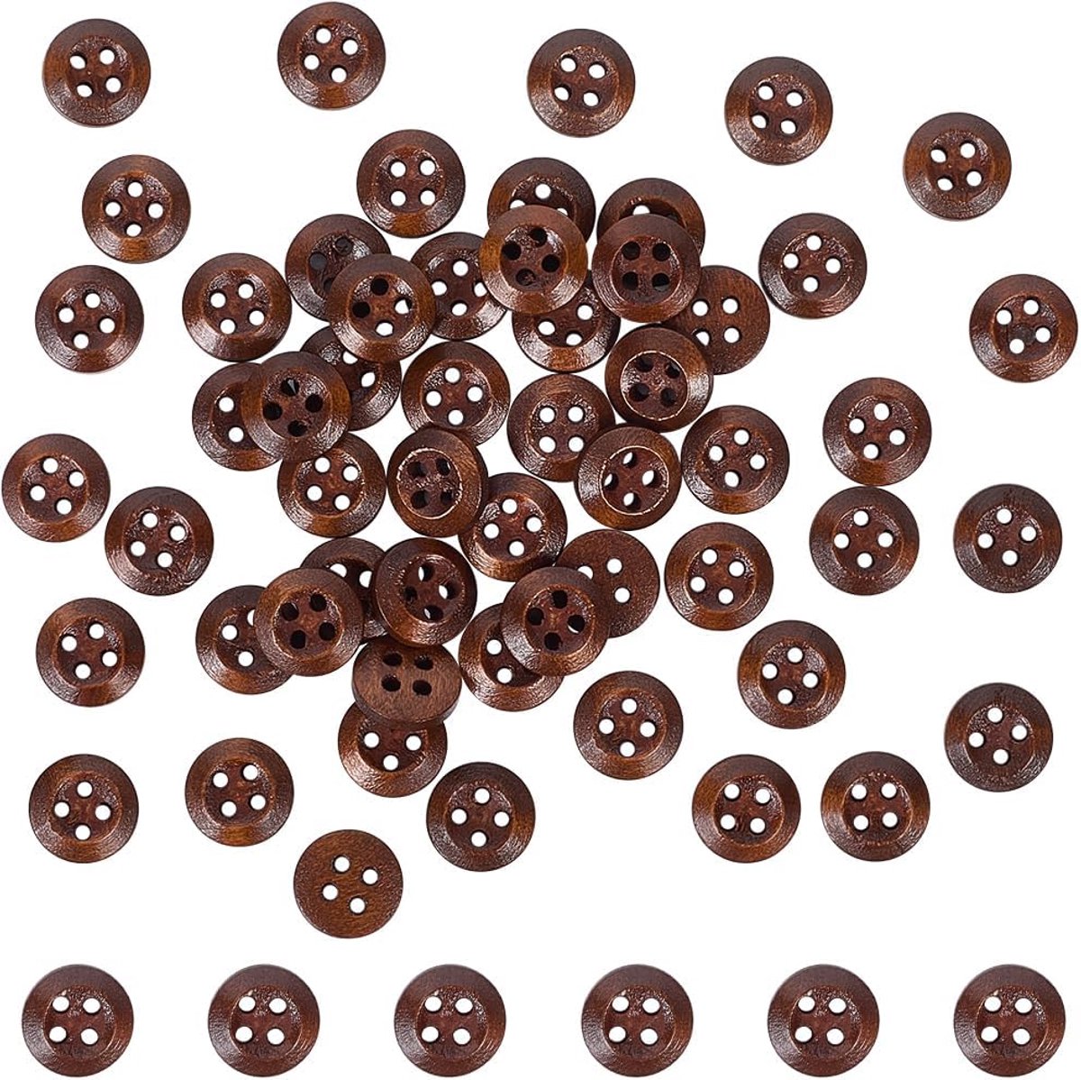 100 stuks 4 gaten 10 mm bruine houten knoppen ronde platte vorm klassieke natuurlijke kleine soild houten naaiknop bulk met doos voor naaien maken ambachten kleding breien plakboek