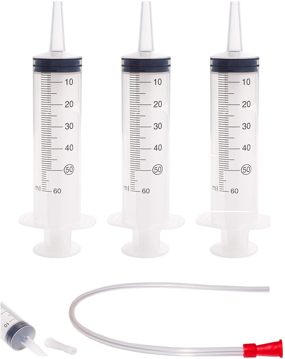 3x Kunststof Spuit zonder Naald - 60 ml - Met Afsluitdoppen en 90 cm Slang - Voor Dierenvoeding, Knutselen, Hars & Planten Water Geven