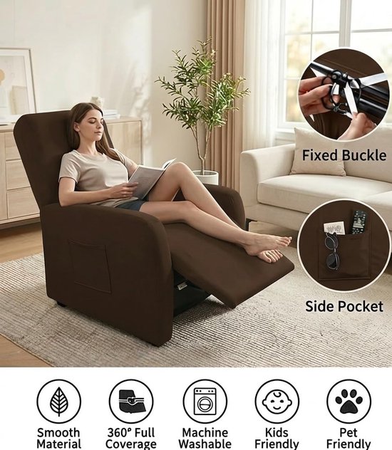 Recliner Stoelhoes Elastisch voor 1-Zits Bruin - 4-delige Hoes met Zijvakjes, Afneembaar en Wasbaar — afbeelding 5