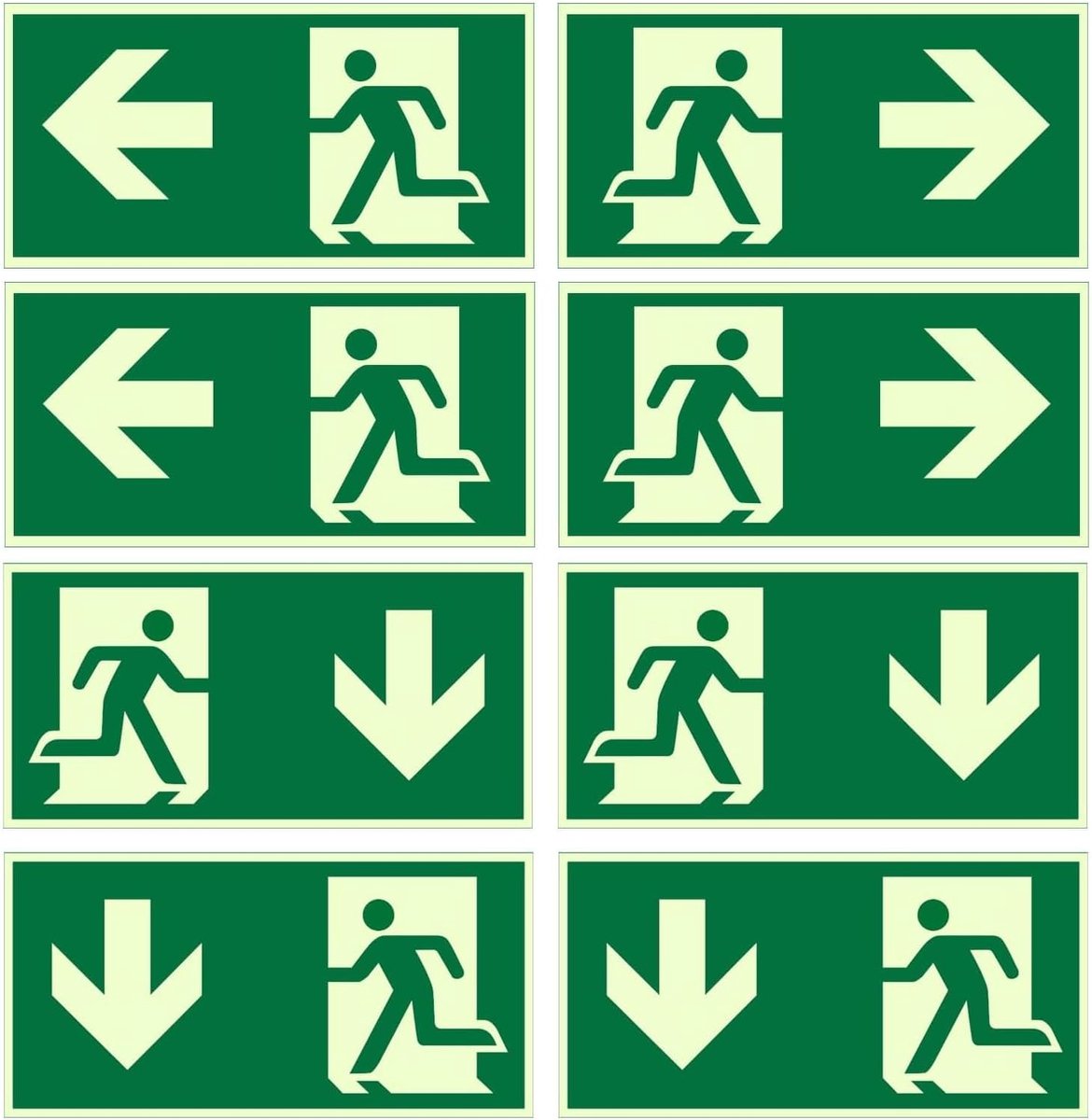 8 stuks, 300 x 150 mm, pvc, nooduitgangsplaatjes, oplichtend, zelfklevend, nooduitgang met pijlen naar beneden, links en rechts, voor hotels, scholen, bioscopen