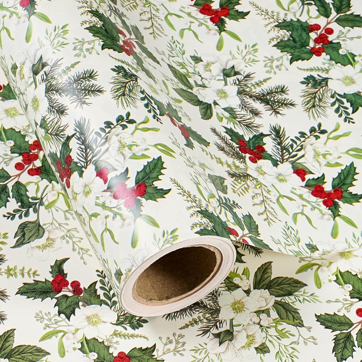 Kerst Inpakpapier Mini Roll - 43,2 cm x 10 m - Wit Bloemen met Groene Bladeren en Rode Bessen voor Feestdagen, Cadeaus en Decoratie